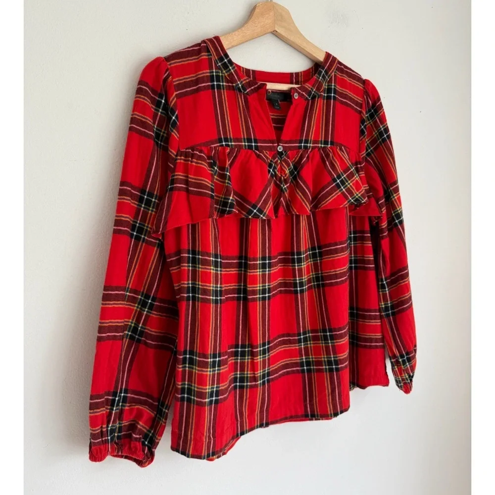 J. Crew • Festive Ruffled Popover Flannel Top in Red Tartan Plaid